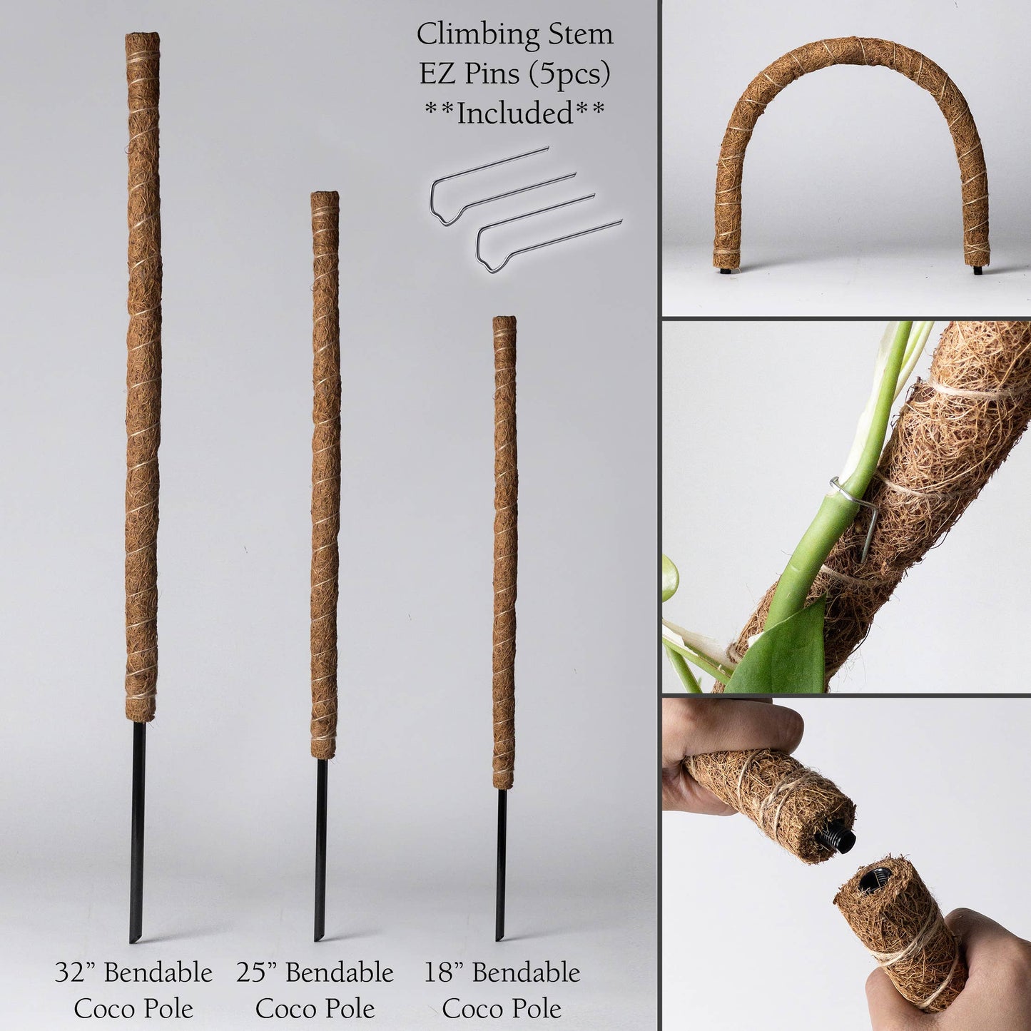 24"/32"/40 Bend & Stackable Coco Coir Pole for Plant Support